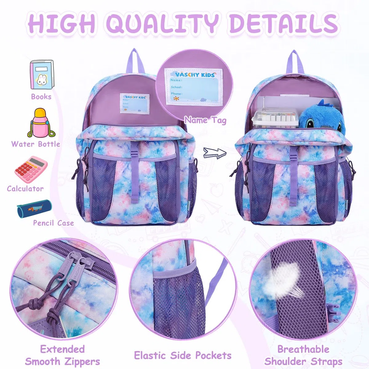 VASCHY Mochila Escolar Niño Niña 5–9 Años 16 L, 30 x 12,5 x 43 cm, Ligera y Resistente al Agua con Bolsillo para Botella, Incluye Bolsa Almuerzo Térmica 8,5 L Multicolor