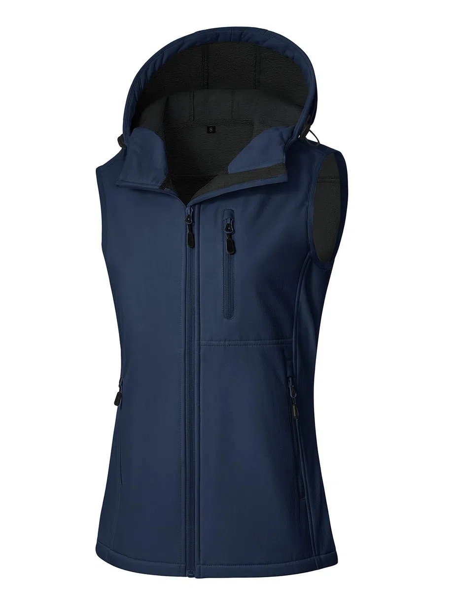CMTOP Chaleco Mujer Softshell Impermeable, Forro Vellón Ligero Chaqueta sin Mangas, Antiviento Exteriores Capucha Chalecos con Bolsillos con Cremallera para Primavera Otoño