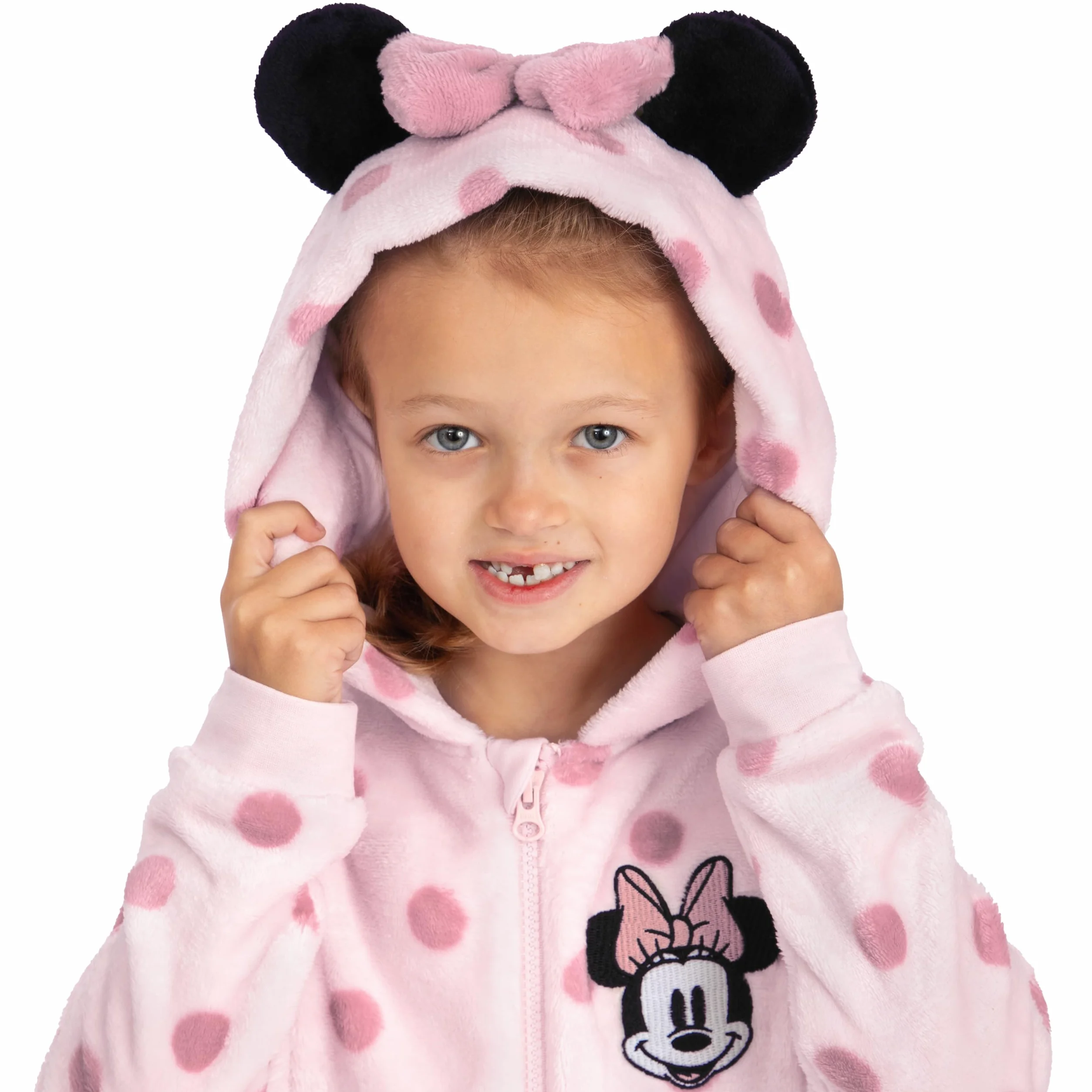 Disney Pijama Mono Minnie Mouse, Pijamas Niños Rosa, Pijamas Polares Minnie Mouse con Orejas 3D, Pijama Niña Capucha