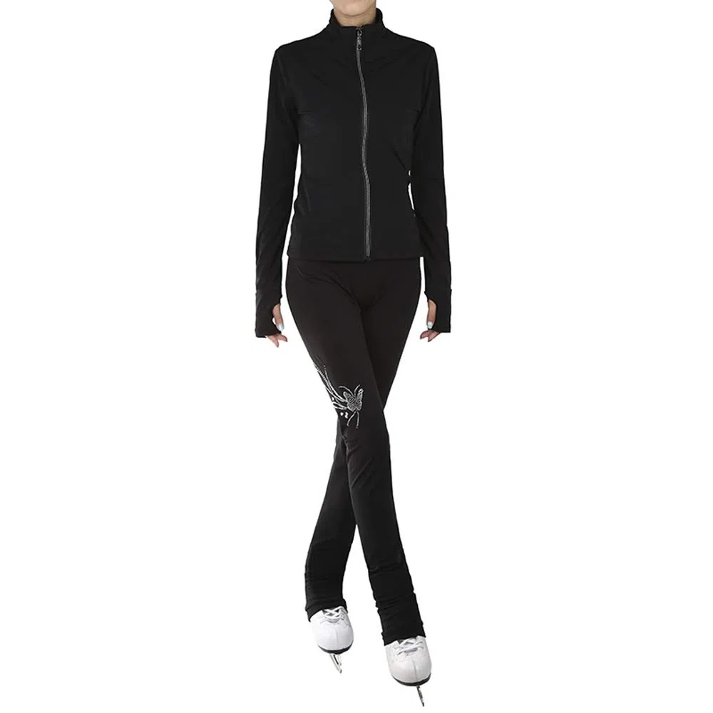 LIUHUO Patinaje artístico estampado floral chaqueta pantalones de forro polar para niñas pantalones negros para mujeres trajes