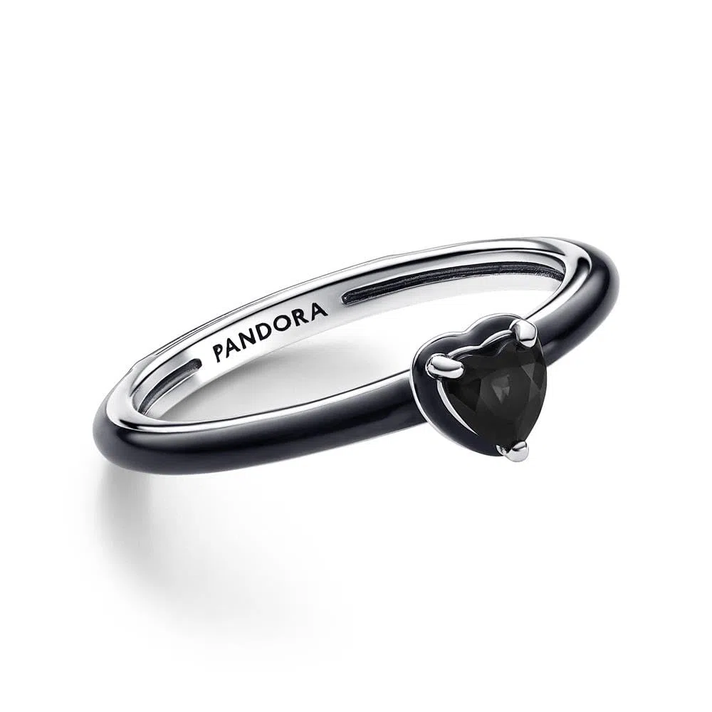 PANDORA ME Anillo con corazón en plata de ley con cristal negro y esmalte negro