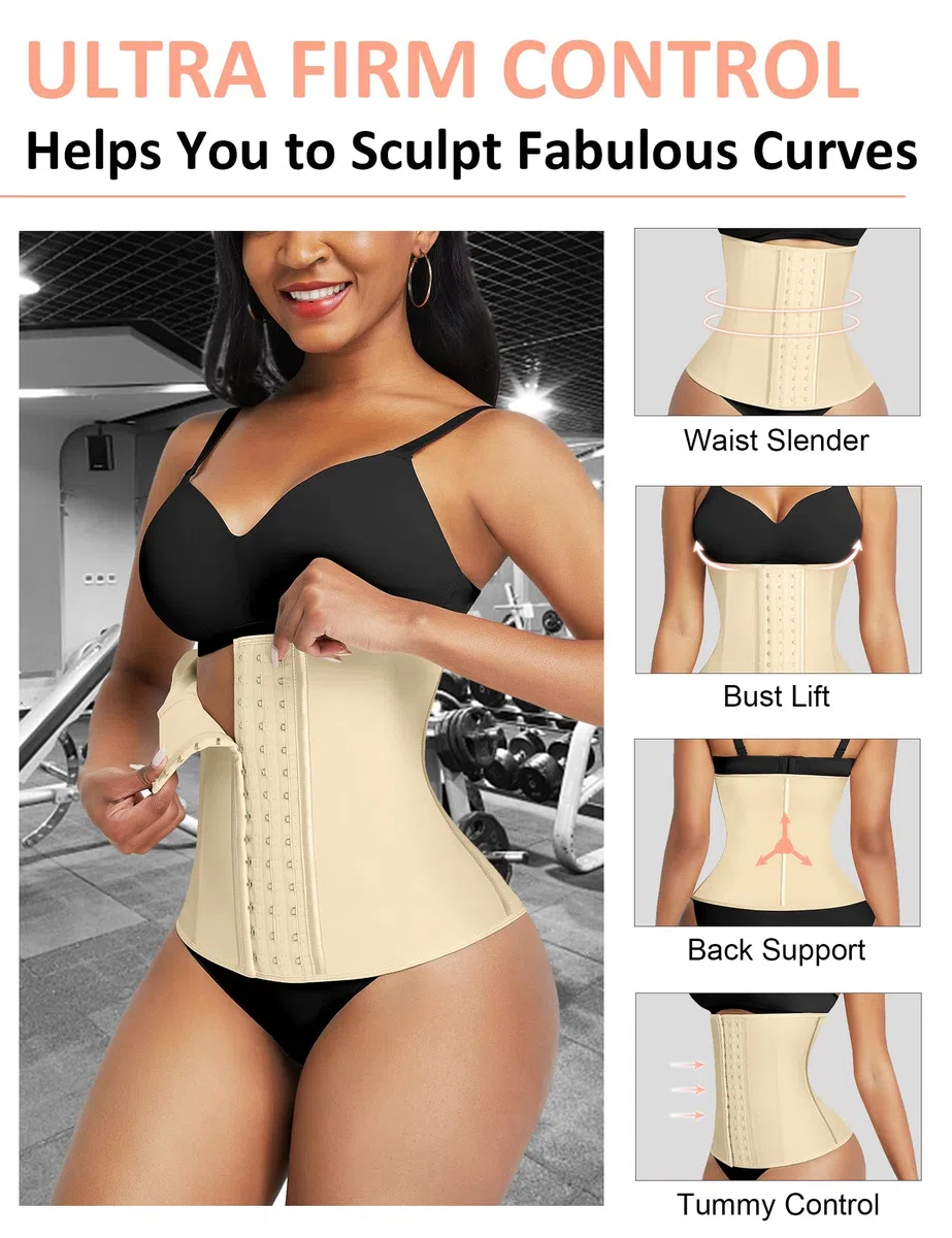 FeelinGirl Faja para Gimnasio Látex Corsé de Entrenamiento para Mujer Faja Lumbar Fitness y Ejercicio 9 Aceros Deshuesados con Ganchos