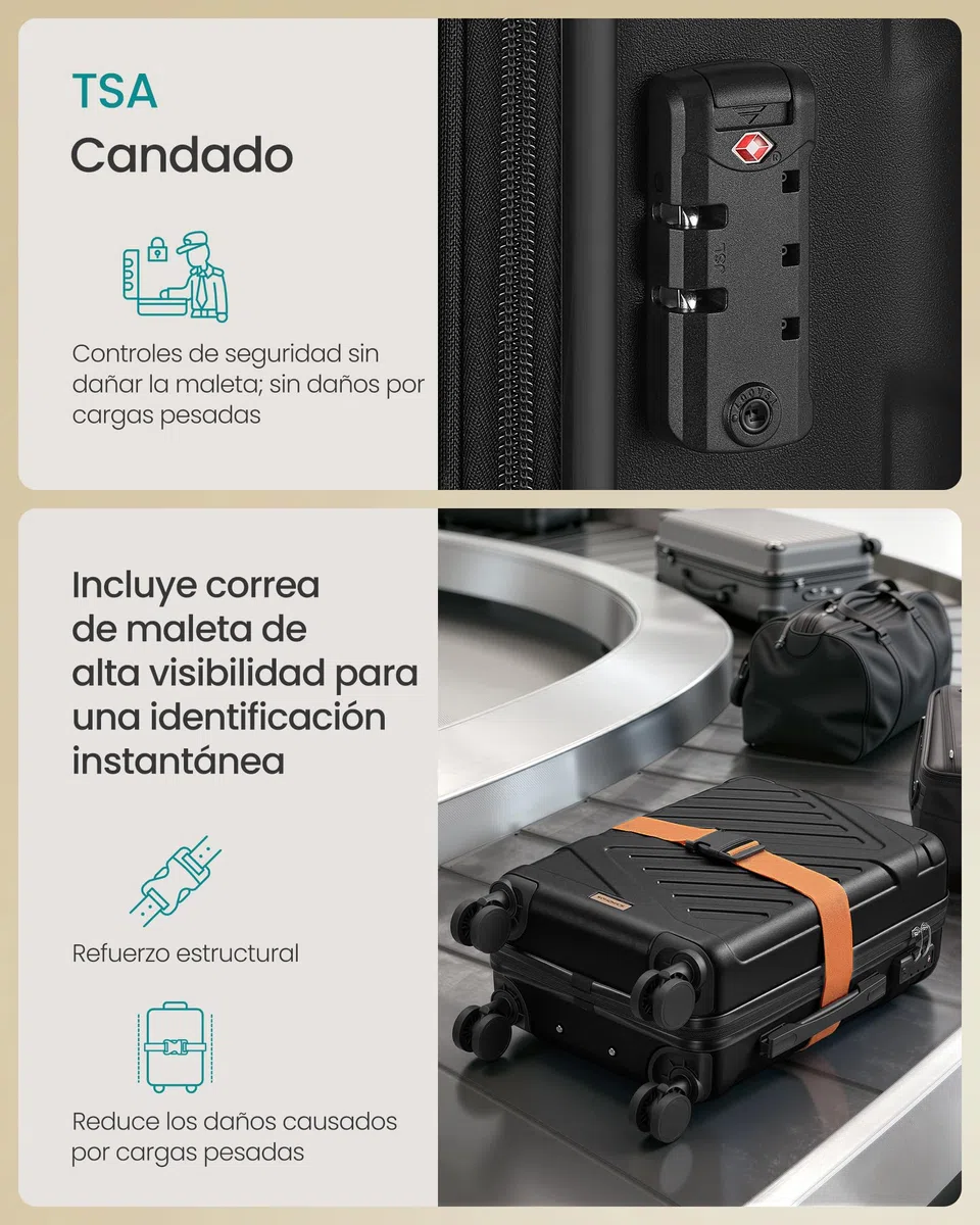 SONGMICS Maleta Cabina, Maleta Rígida de Viaje, Equipaje de Mano, Candado TSA, Correa Incluida, ABS, 4 Ruedas Dobles, Tamaño Cabina, M, 55 x 36 x 20 cm, Negro Tinta RLP001B101