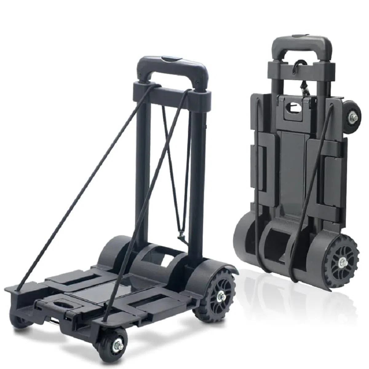 Carro de Mano Plegable, 142 Libras,65 kg Resistente 4 Ruedas portátil, Carrito de Viaje Ligero con cinturón de encuadernación para Compras, Camping, Transporte de artículos de Viaje, Color Negro