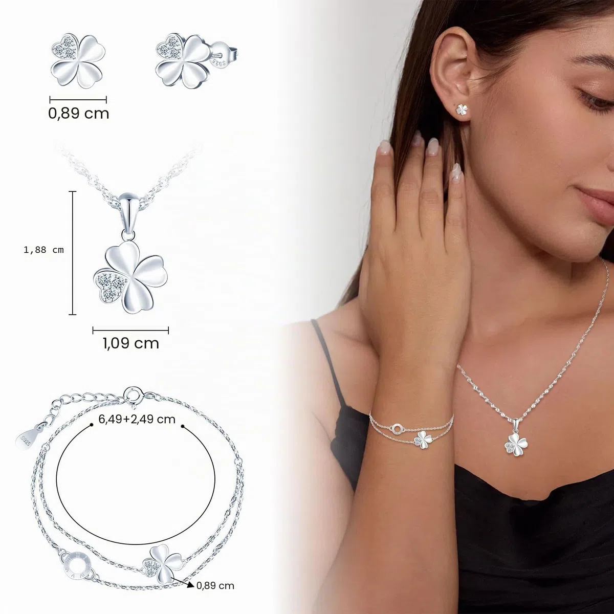 Conjunto joyas de 3 piezas, collar de plata trébol para mujer, pulsera de cadena trébol, y pendientes de trébol para niña, plata de ley 925 juegos de joyas para novia mamá hija fiesta