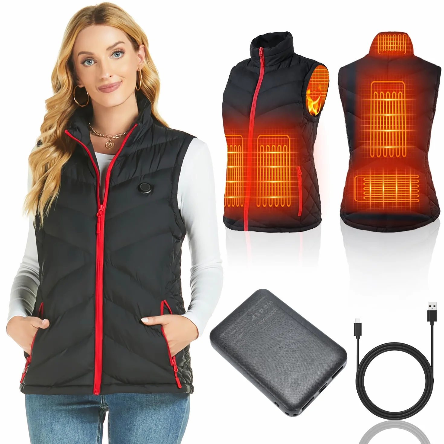 Chaleco calefactable para mujer con paquete de batería, eléctrico ligero, recargable por USB con bolsillos, cálido para invierno, ajustado (XL)