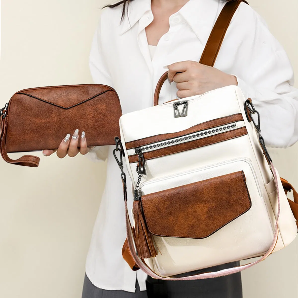 SONARIN PU Bolso Mochila Mujer,Impermeable Moda Mochila Damas con Monedero Mochilas Casual Bolso de Mano,Bolsa de Hombro Convertible para Viaje Escolar Trabajo(Blanco + Marrón)