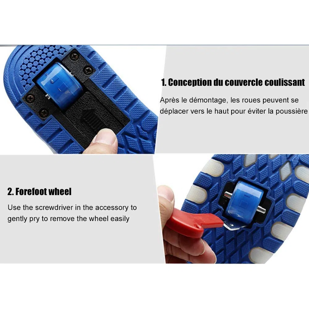 Zapatillas luminosas LED para niños con ruedas con botón de presión ajustable, patines en línea, para deportes al aire libre, fitness, gimnasia, zapatillas de correr, Double Wheel Light Blue,