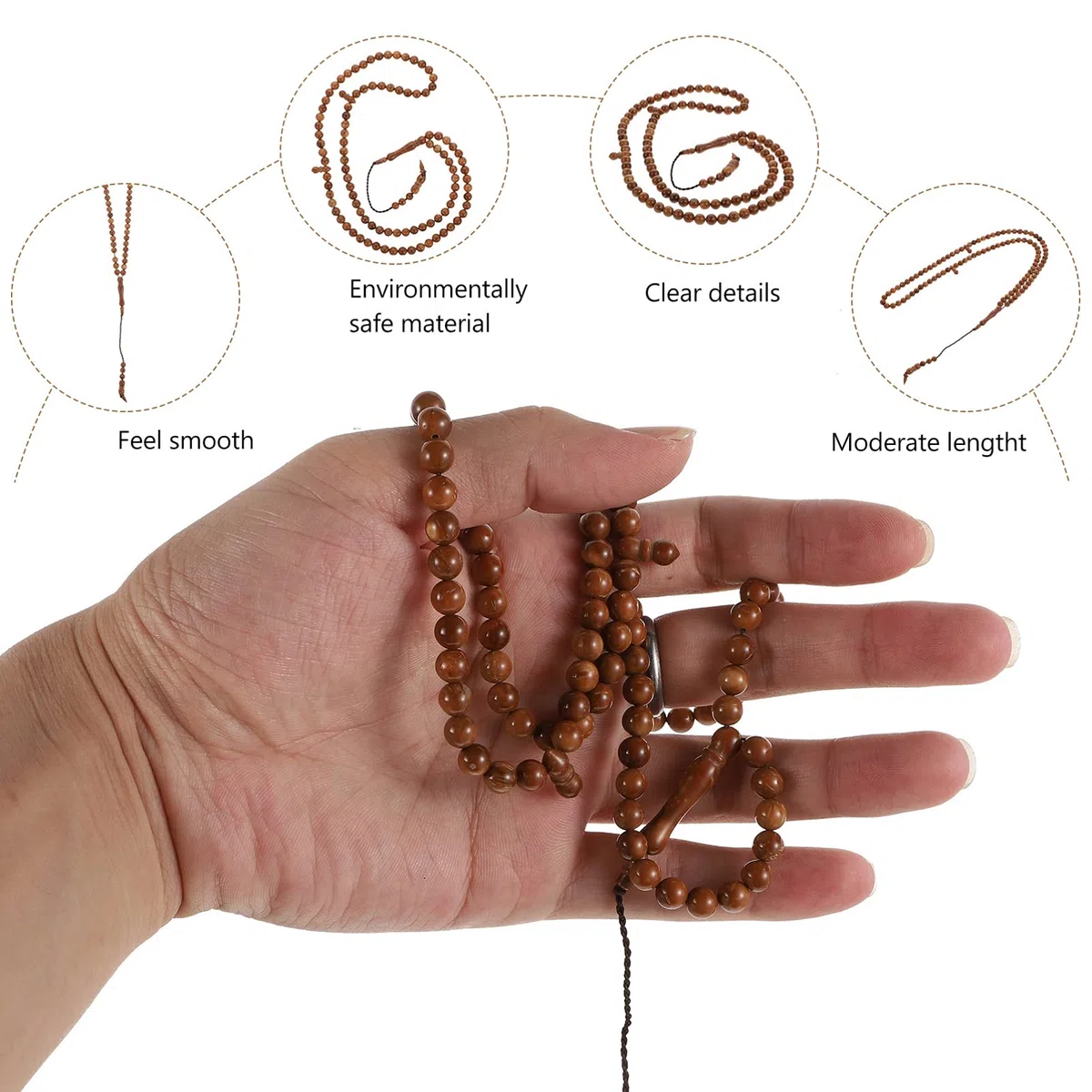 BESPORTBLE Collar de oración del Islam Masbaha 99 perlas de madera auténticas de Indonesia, cuentacasos, cuentas de zigzar, cuentas de oración, rosario, musulmanes, tasbih Misbaha, 6 mm