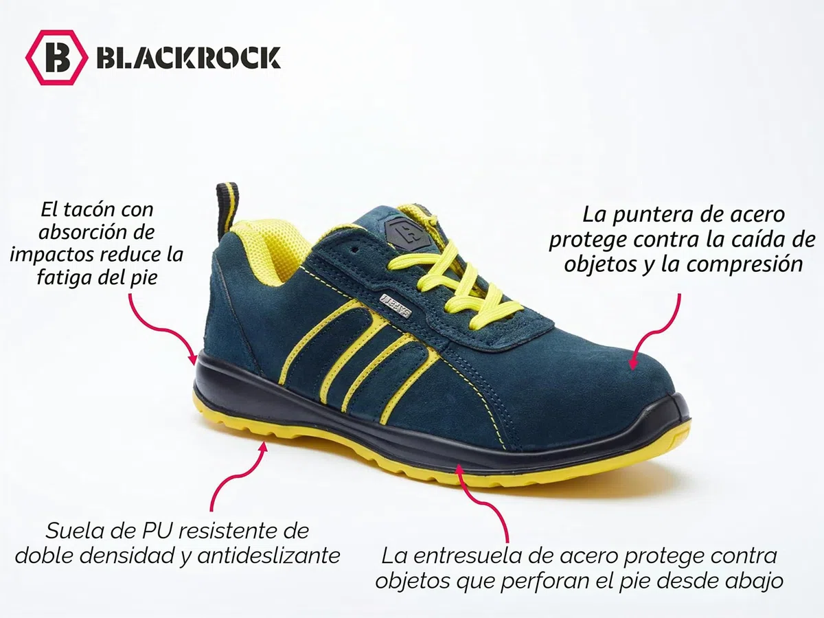 Blackrock Hudson Zapatos de seguridad con puntera de acero, Hombre y Mujer, Ropa de trabajo, Antideslizantes, Calzado ancho, Ante, Azul/Amarillo, Zapatos de seguridad ligeros