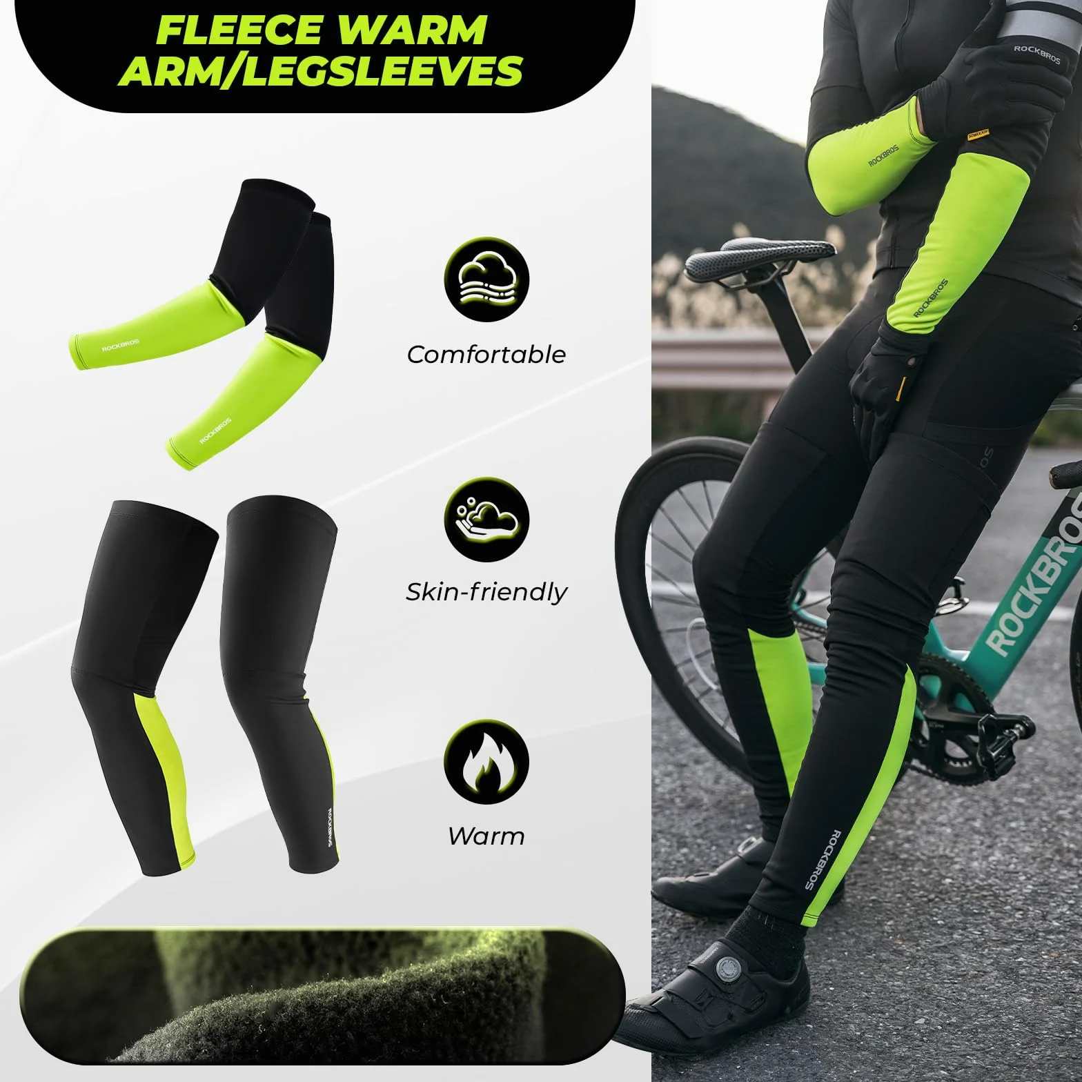 ROCKBROS Mangas del Brazo y Perneras Térmicas Invierno, Calentadores de Ciclismo Antideslizante a Prueba de Viento para Bicicleta Running Ejercicio Deportes, Unisex Adulto