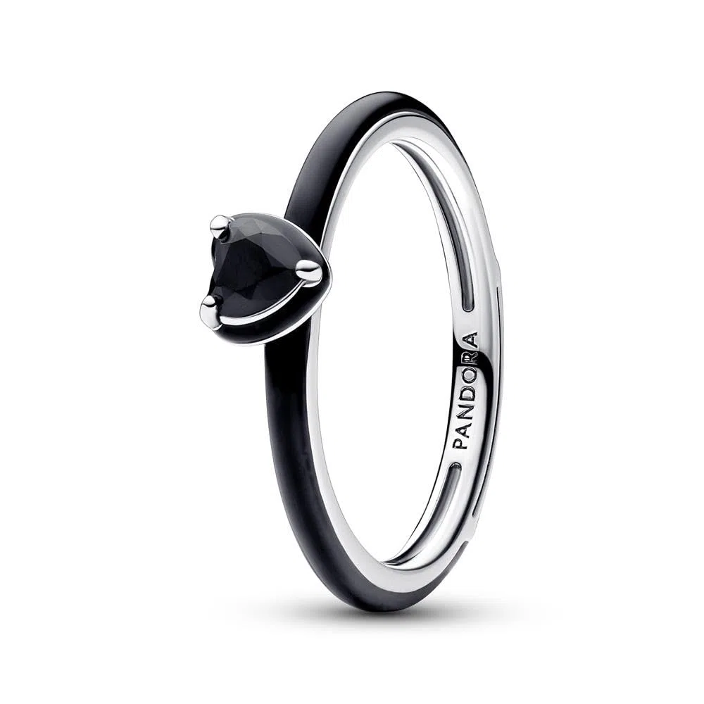PANDORA ME Anillo con corazón en plata de ley con cristal negro y esmalte negro