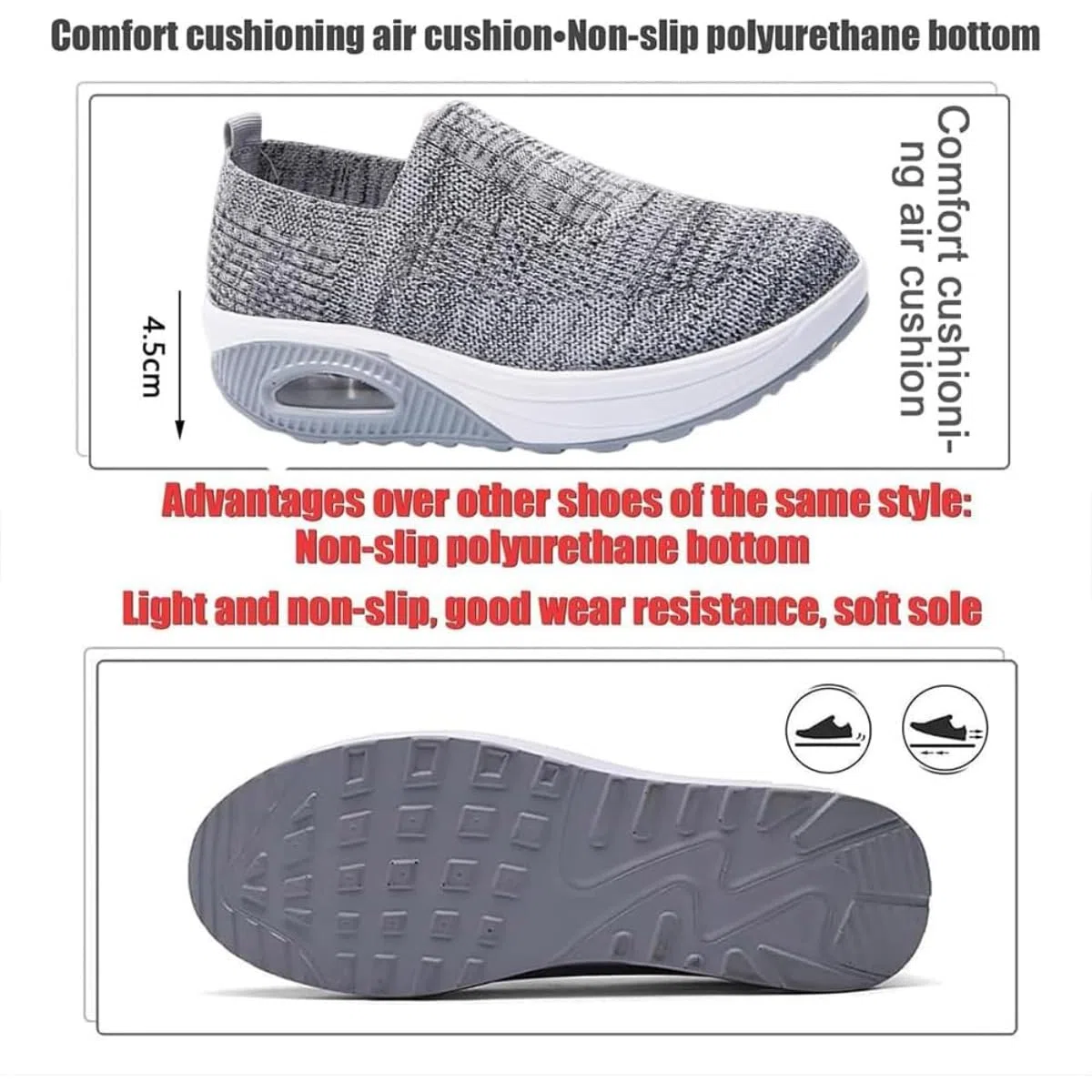 Tenis ortopédicos para mujer, cómodos zapatos de plataforma con parte inferior basculante, zapatos para caminar, con cojín de aire, zapatos para caminar, soporte de arco, tenis ligeros de cuña de