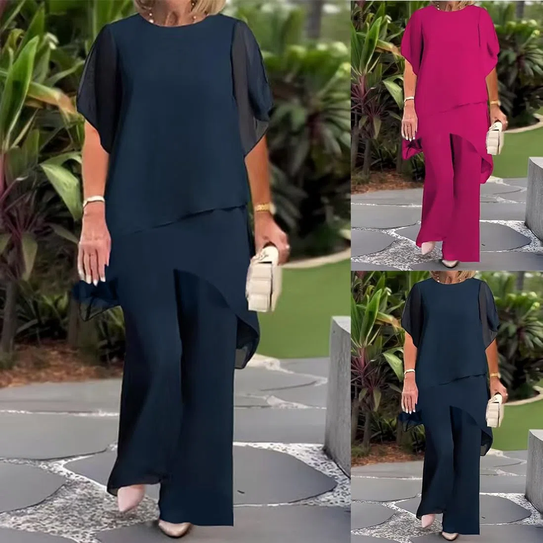 Generisch Traje de pantalón elegante para mujer, conjunto de 2 piezas, blusa de tul y gasa con pantalones, ropa de noche festiva, tallas grandes