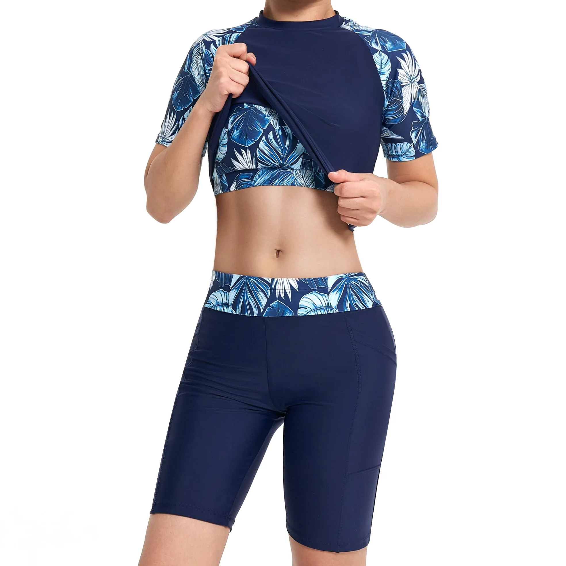 Owntop Camiseta de natación de 3 piezas para mujer, camiseta de natación UV UPF50+, camiseta de manga corta, parte superior de bikini y pantalones cortos de cintura alta, trajes de baño modestos