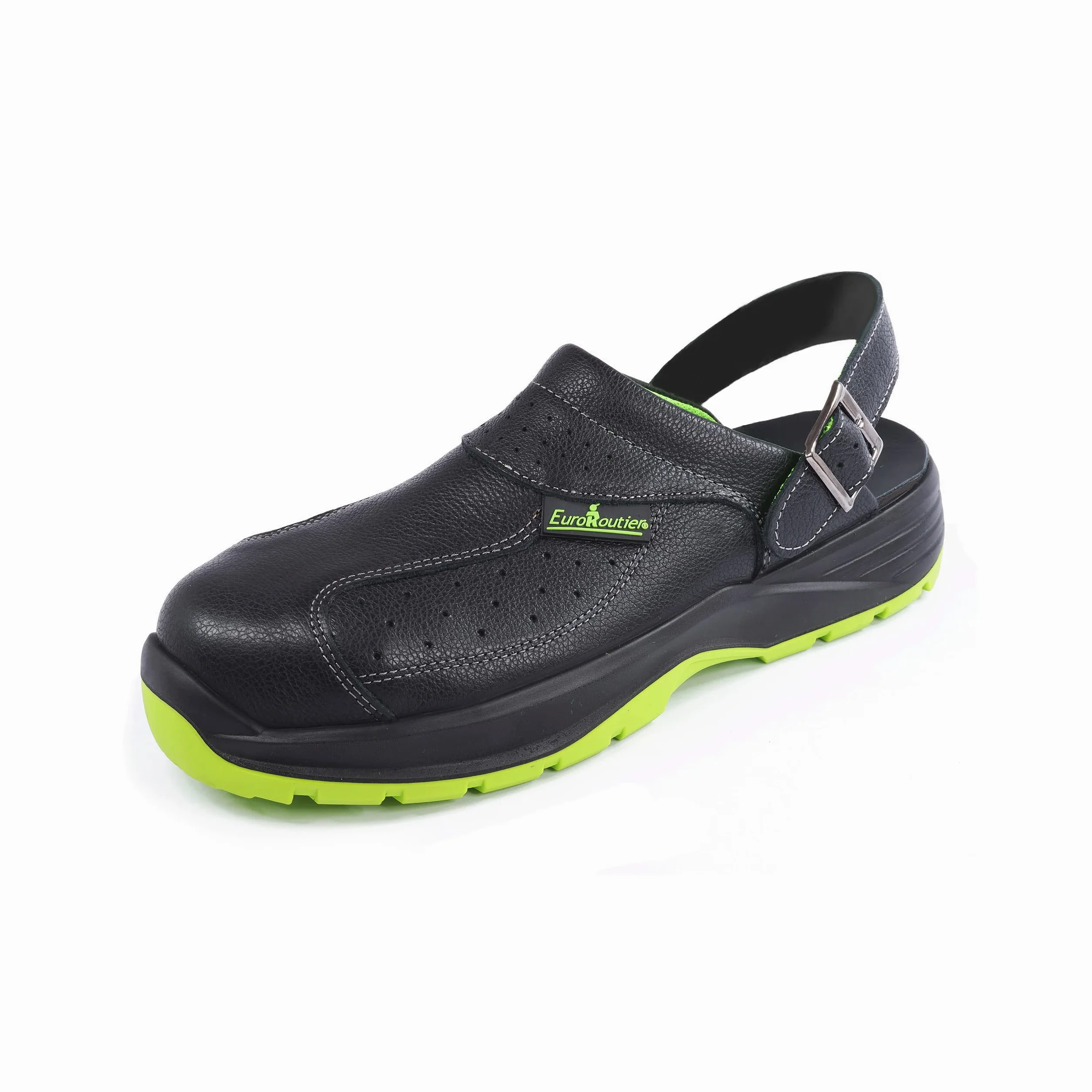 EUROROUTIER Premium Fenix Negro Cuero Genuino, Zuecos, Zapatillas, Chanclas de Seguridad Certificado SB+A+E+FO+SRC, Color Negro