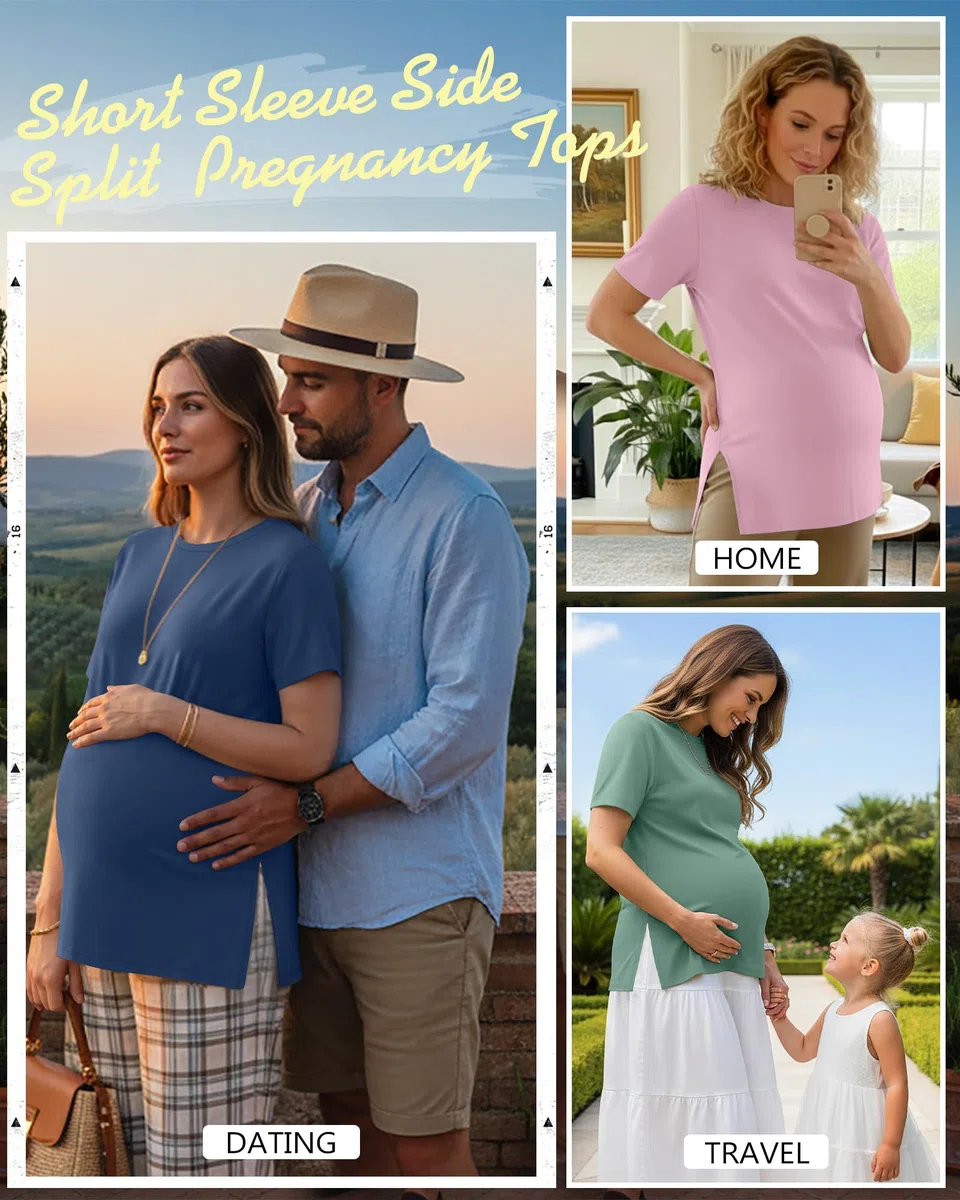 Ficerd Paquete de 3 Camisetas de Maternidad para Mujer De, Manga Corta, Aberturas Laterales, Cuello Redondo, Estilo Casual