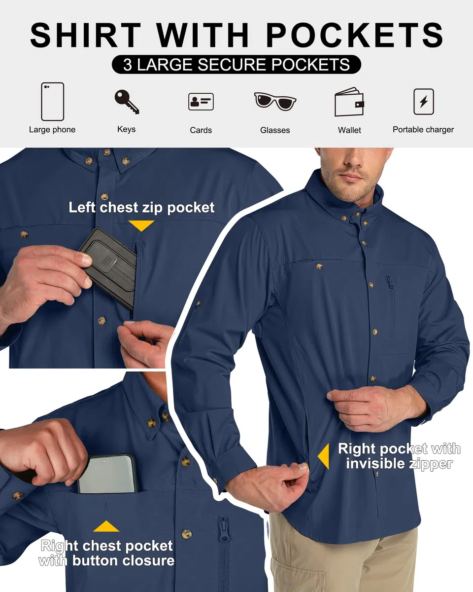33,000ft Safari Camisa deportiva de manga larga para hombre, UPF50+, protección UV, transpirable, con botones, con bolsillos, para senderismo, pesca, viajes