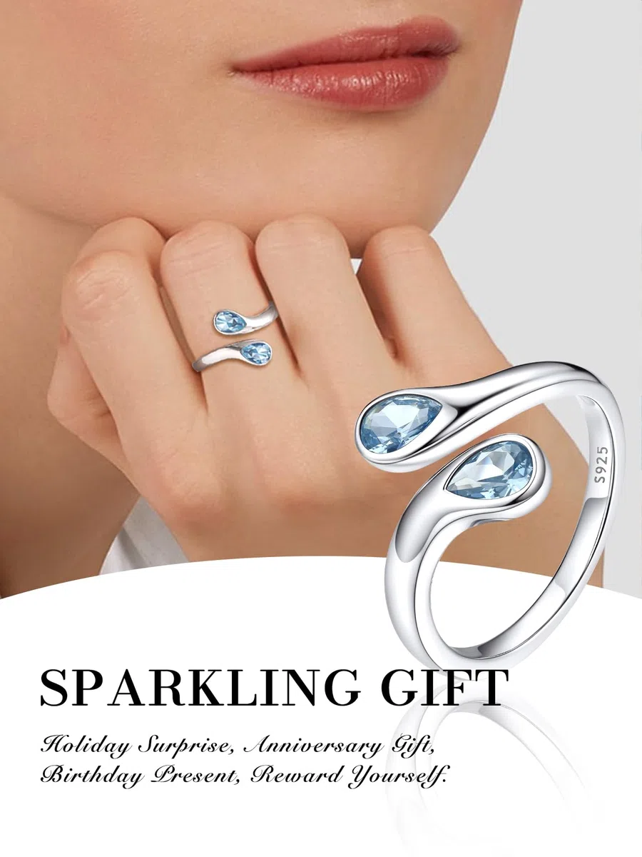 Bestyle Anillos Mujer Anillo Gotas de Agua Anillos Plata de Ley 925 Anillo Ajustable Abierto Anillo con Piedra Nacimiento Anillos de Compromiso Boda Alianzas