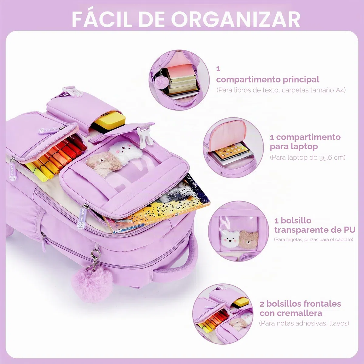 Amythe Mochila Escolar Niña, Mochilas Primaria Escolares Transpirable para Infantil Niñas de 8 10 12 Años, Kawaii Mochila Chicas Colegio con Colgante, Morado