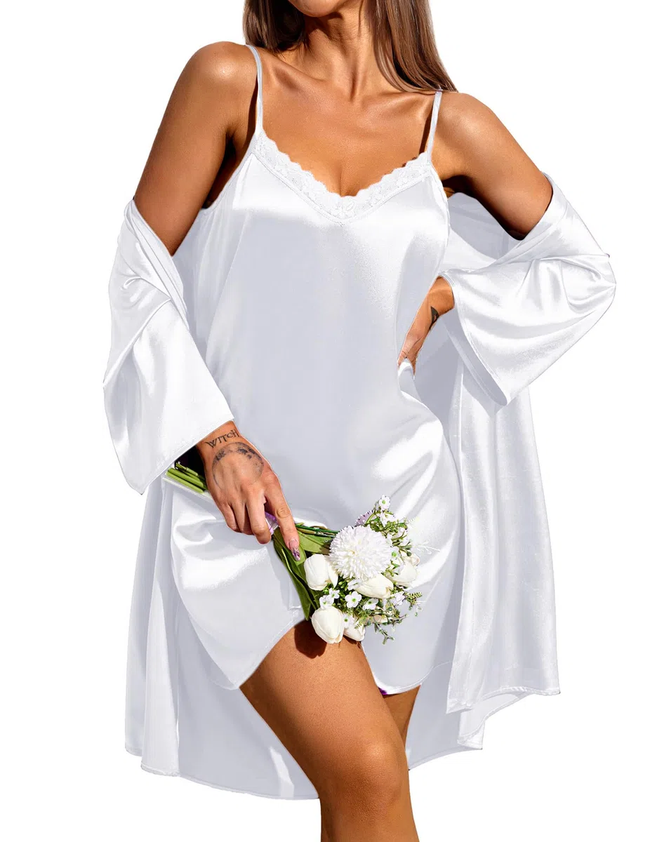 Ekouaer Conjunto de camisón y bata de satén de dos piezas para mujer, conjunto de ropa de dormir sexy, vestido de noche corto, 2 unidades