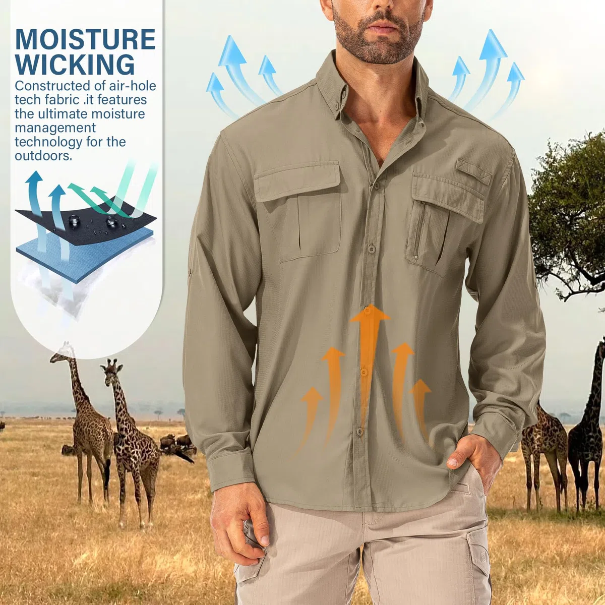 Camisa para hombre UPF50+ UV, manga larga, transpirable, de secado rápido, para pesca, senderismo, tiempo libre
