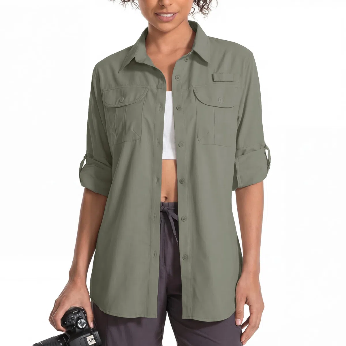 Camisa de manga larga UPF 50 para mujer, diseño de safari, senderismo, pesca, protección UV rápida, con botones, camisa de viaje para jardinería