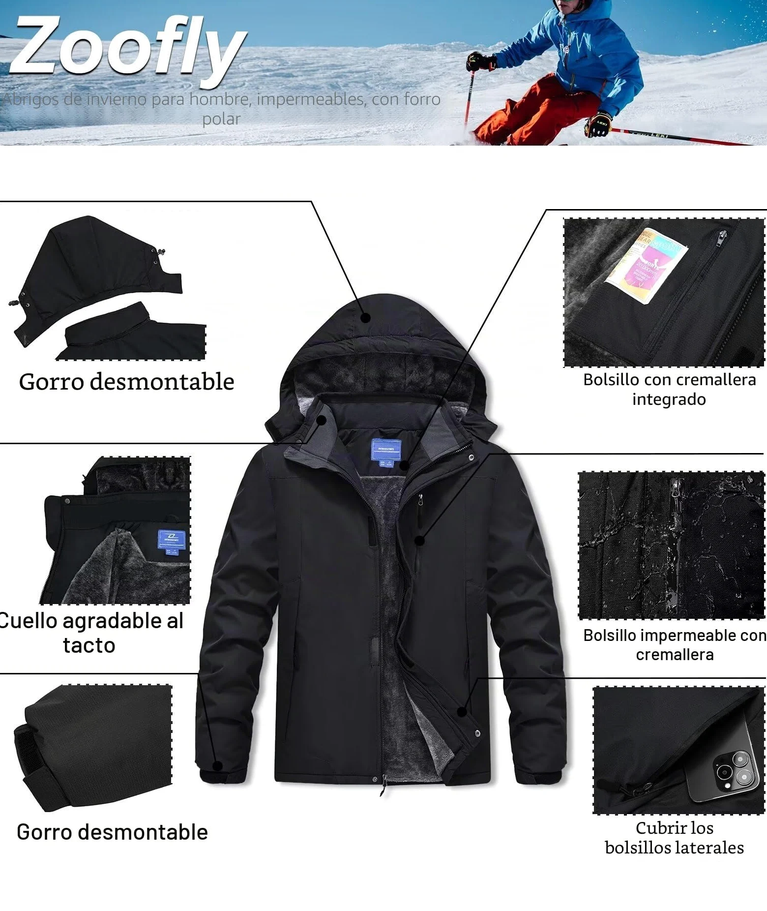Zoofly Chaqueta de esquí de montaña para hombre impermeable forro polar abrigo de nieve cálido invierno resistente al viento con capucha