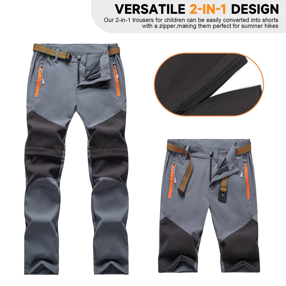 BWBIKE Pantalones de Senderismo 2 en 1 con Cremallera para Niños, Pantalones Ligeros de Secado Rápido para Exteriores, Convertibles en Shorts para Primavera, Verano y Otoño