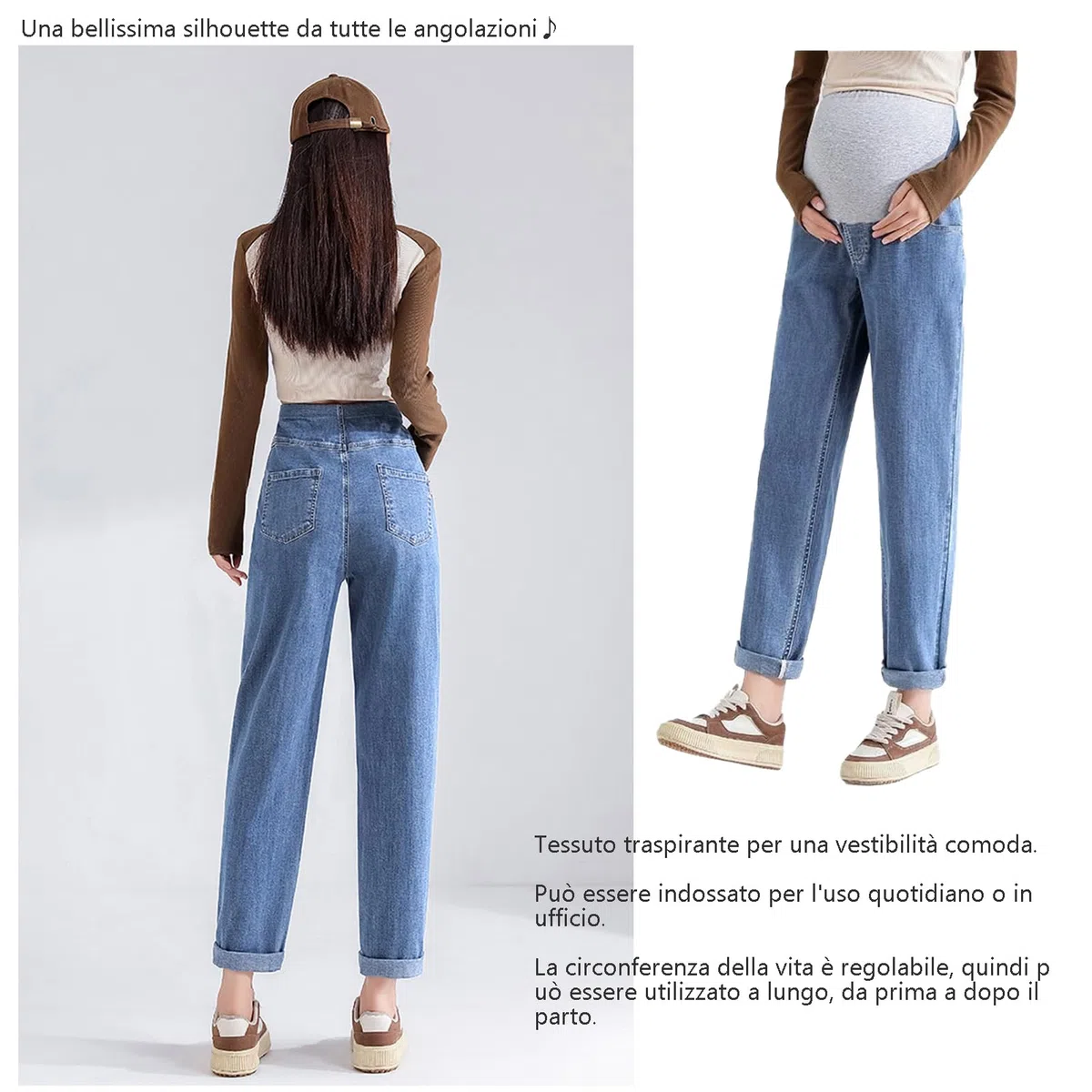Jeans embarazada 7/8 Dad Fit Loose – Cintura ajustable, corte cómodo y deslumbrante, embarazo, perfectos para mujeres menores de 168 cm (modelo pata de elefante, oculta las imperfecciones)