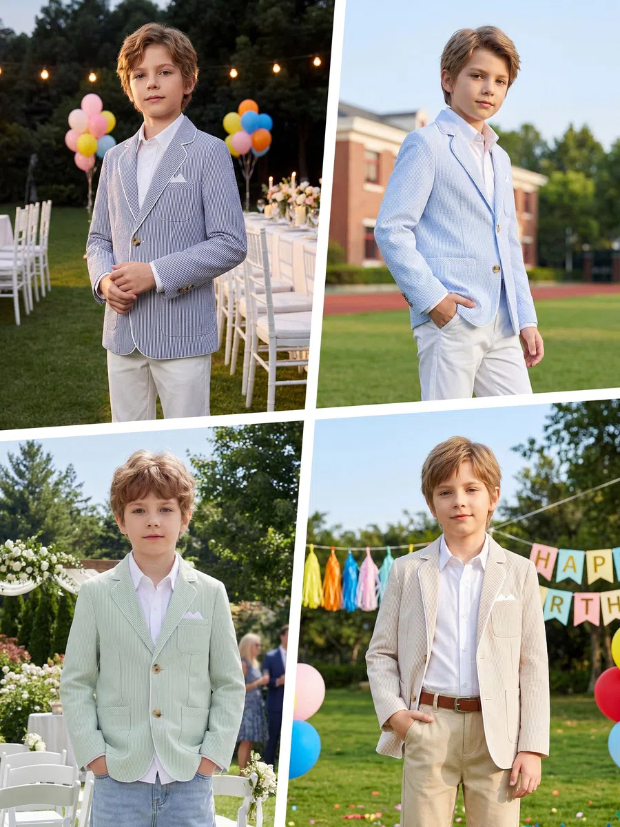 LOLANTA Blazer de Seersucker Transpirable para Niños, Chaqueta Elegante de Traje a Rayas para Verano y Ocasiones Informales