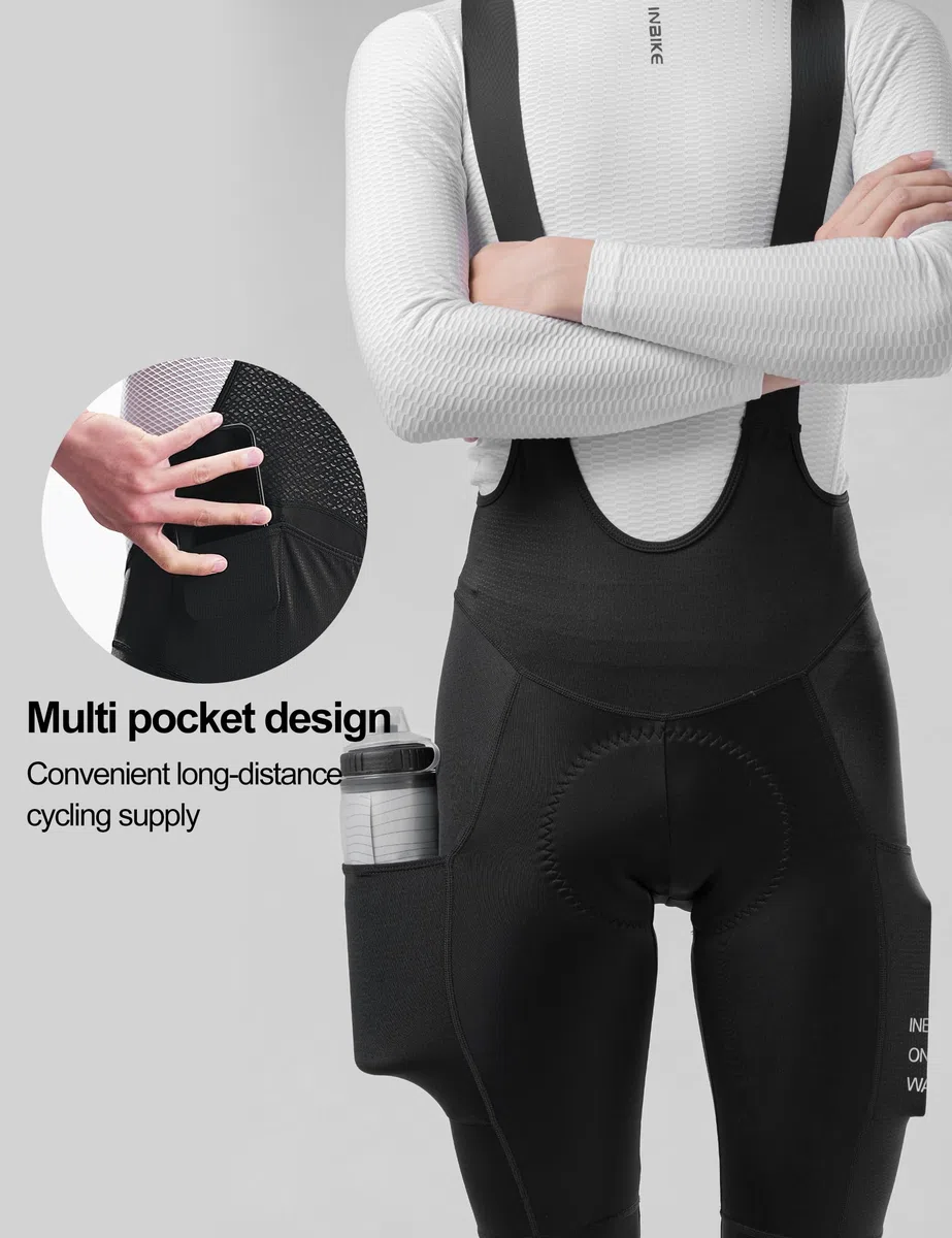 INBIKE Culote Largo Ciclismo Hombre Pantalones Largos Negro Bicicleta Transpirable Cómodo Bolsillos
