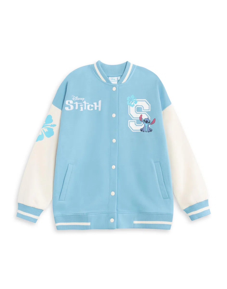 Disney Chaqueta bomber azul Lilo and Stitch para niña | Chaqueta universitaria streetwear con gráficos de puntadas | Ropa casual de manga larga | Ropa linda de dibujos animados