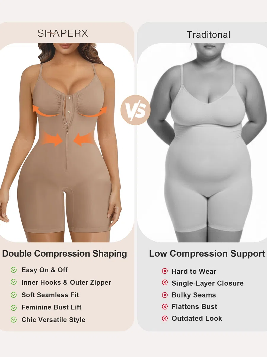 SHAPERX Body Moldeador Mujer con Cremallera y Ganchos, Shapewear de Fuerte Compresión Control Abdomen, Seamless Invisible, Faja Reductora Cintura para Uso Diario y Fiesta