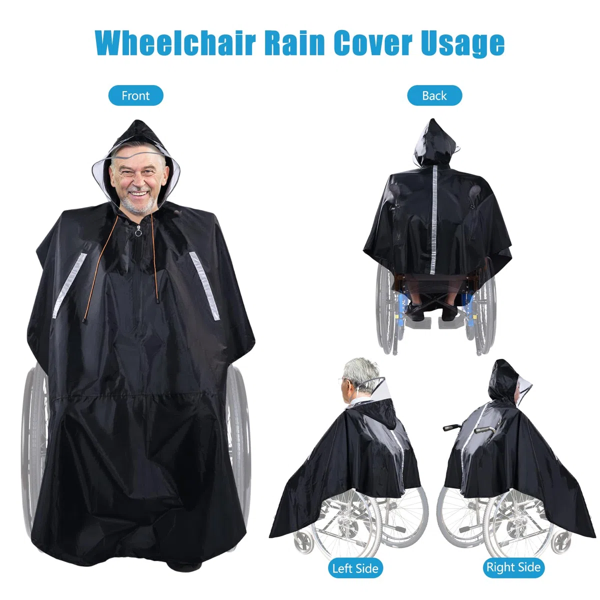 Funda Poncho Lluvia para Silla de Ruedas con Capucha Semitransparente, Chubasquero Silla de Ruedas con cremallera impermeable y tiras reflectantes, Wheelchair Raincoat para andador movilidad y scooter
