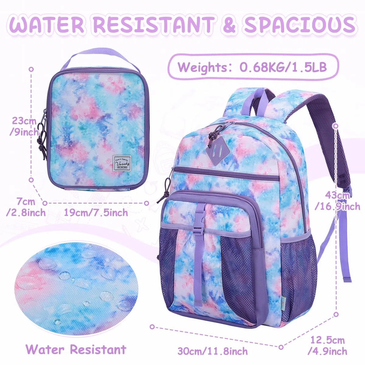 VASCHY Mochila Escolar Niño Niña 5–9 Años 16 L, 30 x 12,5 x 43 cm, Ligera y Resistente al Agua con Bolsillo para Botella, Incluye Bolsa Almuerzo Térmica 8,5 L Multicolor