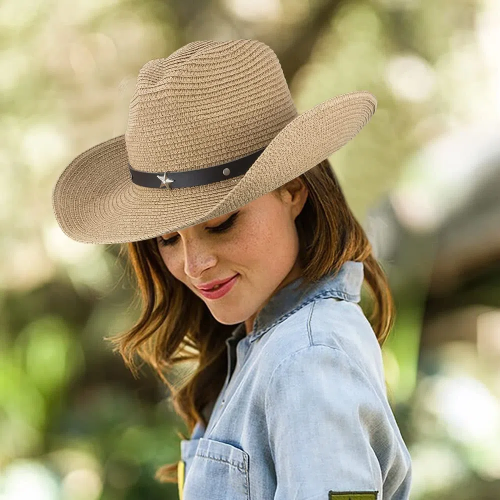 Sombreros de Vaquero de Paja para Mujer, Sombrero de Vaquero Occidental de ala Ancha, Sombreros de Verano para Hombres, Caqui, Talla única