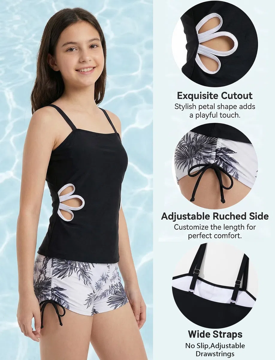 SEAUR Traje de baño tankini de 2 piezas para niñas, recortado, floral, traje de baño para niñas, traje de baño acolchado con pantalones cortos, verano 9-16 años