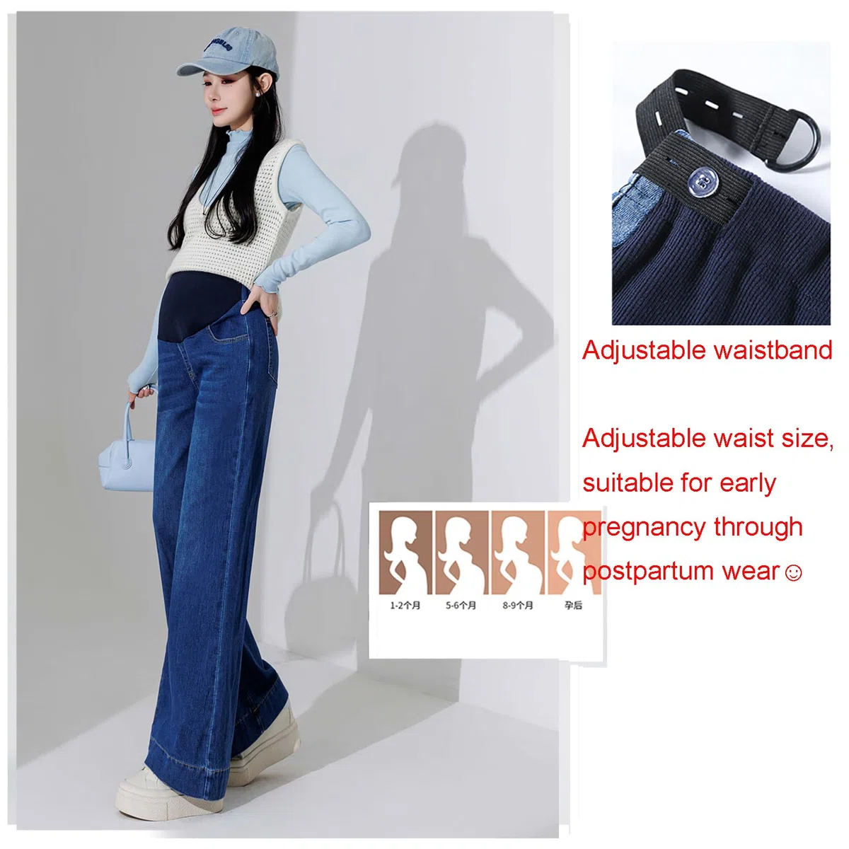 Vaqueros para embarazadas con cintura ajustable, elegantes pantalones vaqueros con bolsillos para mujeres de hasta 175 cm, vaqueros elásticos para embarazadas