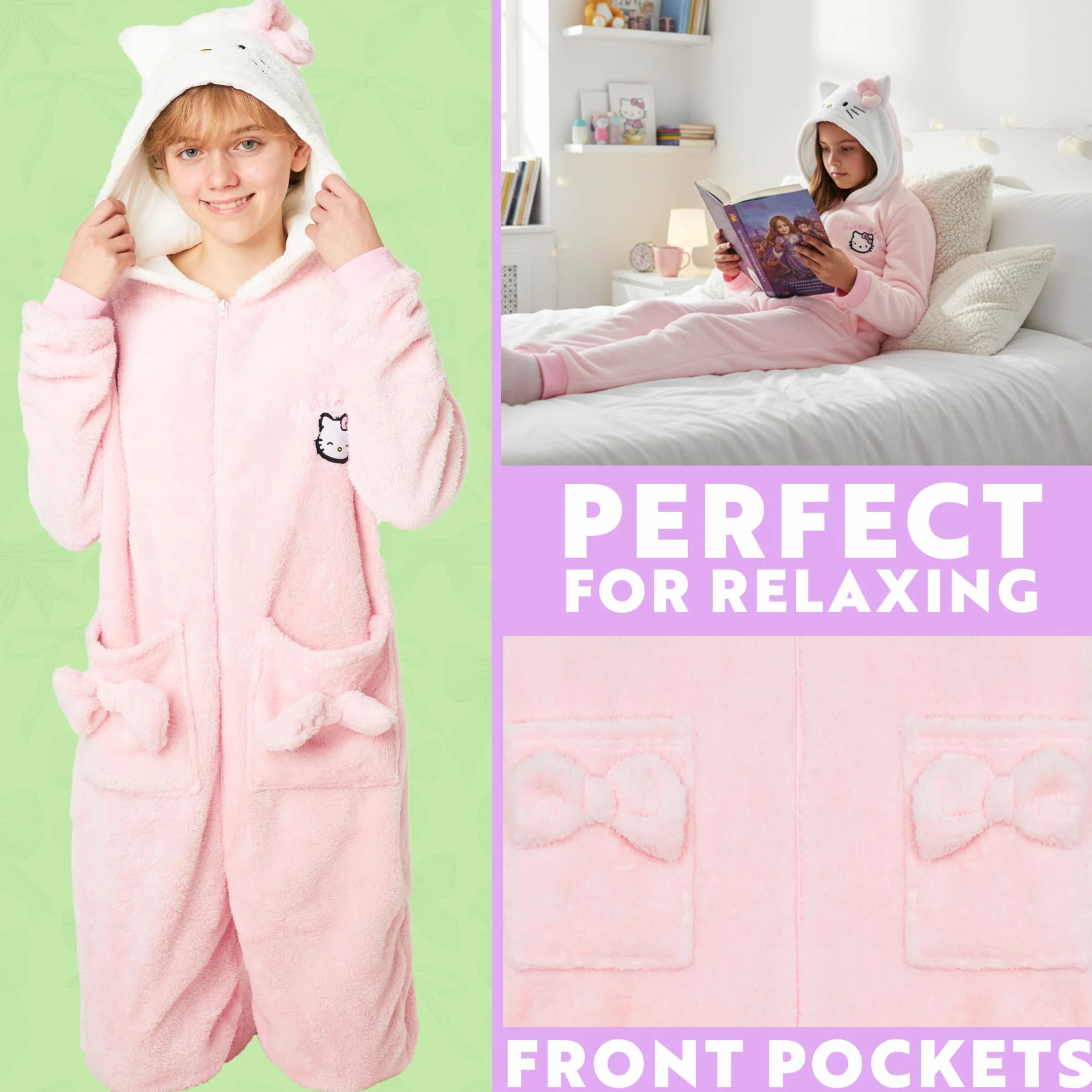 Hello Kitty Sanrio Pijama Entero Niña y Adolescente con Capucha, Pijama Una Pieza, Polar Ropa de Dormir, Regalos de Anime