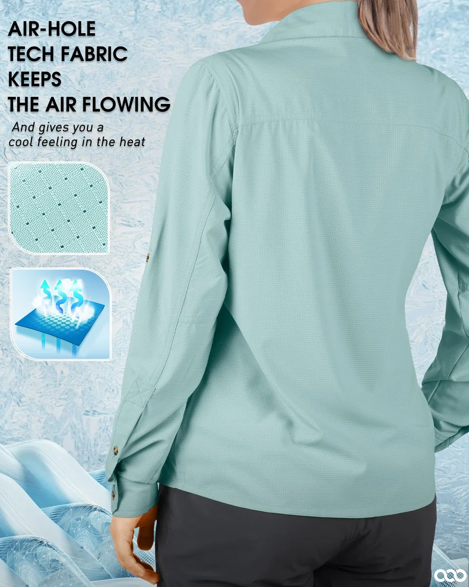 33,000ft Camisa para mujer UPF50+ con protección UV, de secado rápido, para tiempo libre, manga larga, para senderismo, pesca, safari, viajes, golf, verde claro, XL
