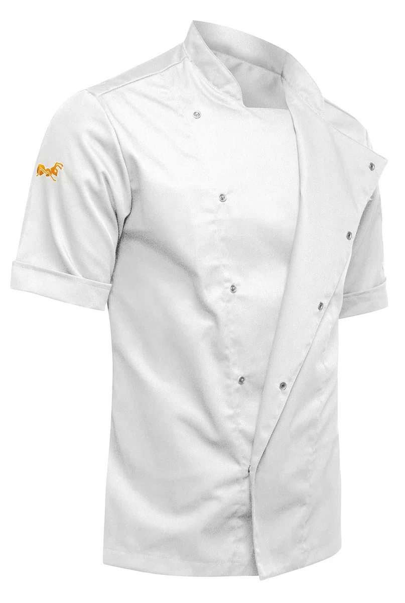 strongAnt Chaqueta de Chef para Hombre Slim Fit Stretch con Botones de presión o Cremallera, Chaqueta de Panadero - Manga Corta - Negro Gris Blanco