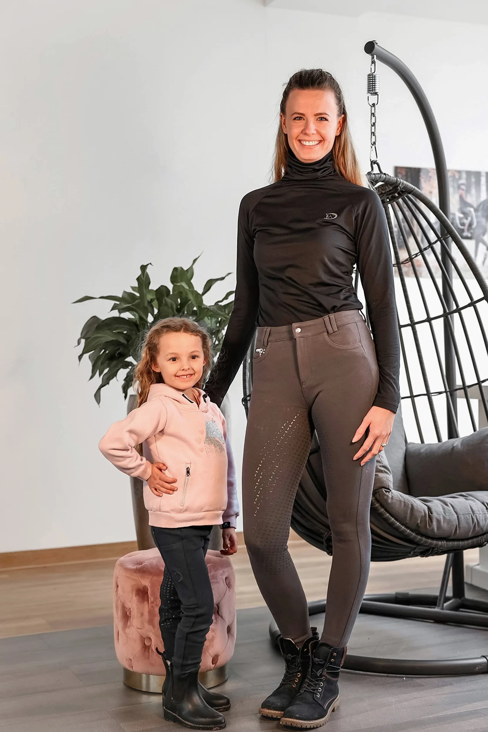 RIDERS CHOICE Pantalones de equitación de algodón con ribete completo de silicona para niños con funda para teléfono