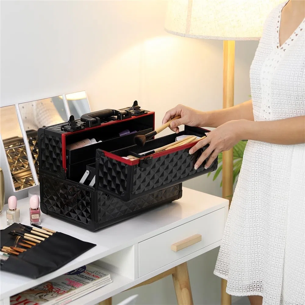 Yaheetech Maletín de Maquillaje Profesional Estuche Maquillaje Mujer Organizador de Manicura Neceser de Viaje para Esmaltes y Cosmeticos 34.7x22.2x25 cm Negro