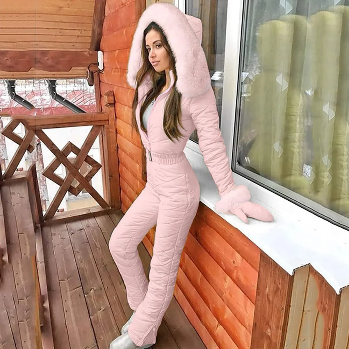Traje de esquí para Mujer Traje de Nieve para Mujer Mono Moda Delgado Traje de esquí a Prueba de Viento Deportes al Aire Libre con Collar de Pelo Traje de esquí con Guantes (Rosa,M)