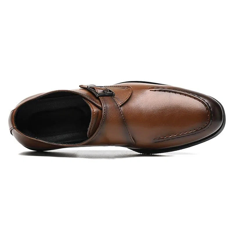 Zapatos de vestir para hombre, punta redonda bruñida, piel sintética, correa de monje, puntera baja, suela de goma antideslizante, tacón de bloque, trabajo antideslizante