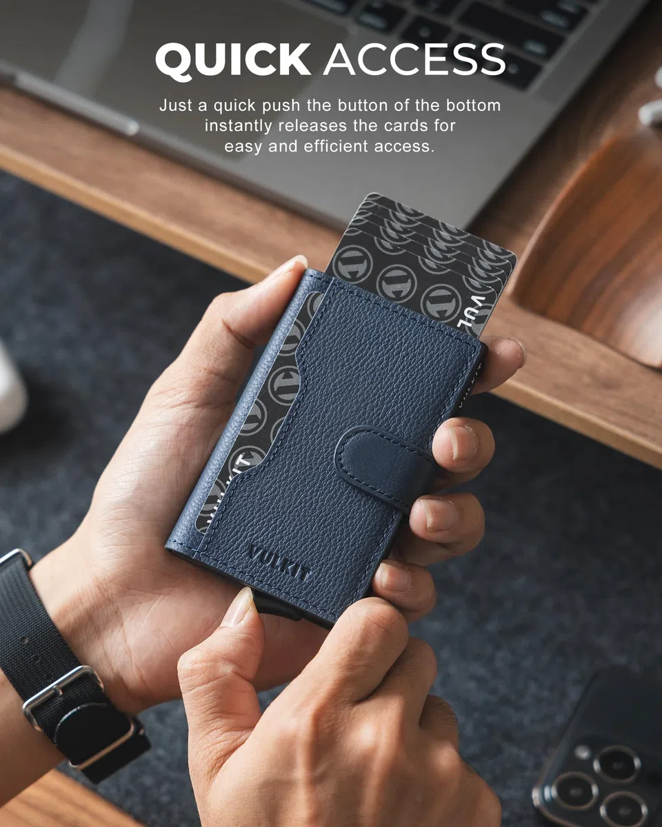 VULKIT Tarjetero Hombre Piel Genuino RFID Bloqueo con Cierre Magnético Carteras para Hombre Metalico Porta Tarjetas con 3 Ranuras y 1 Ventana DNI, Litchi Azul Marino