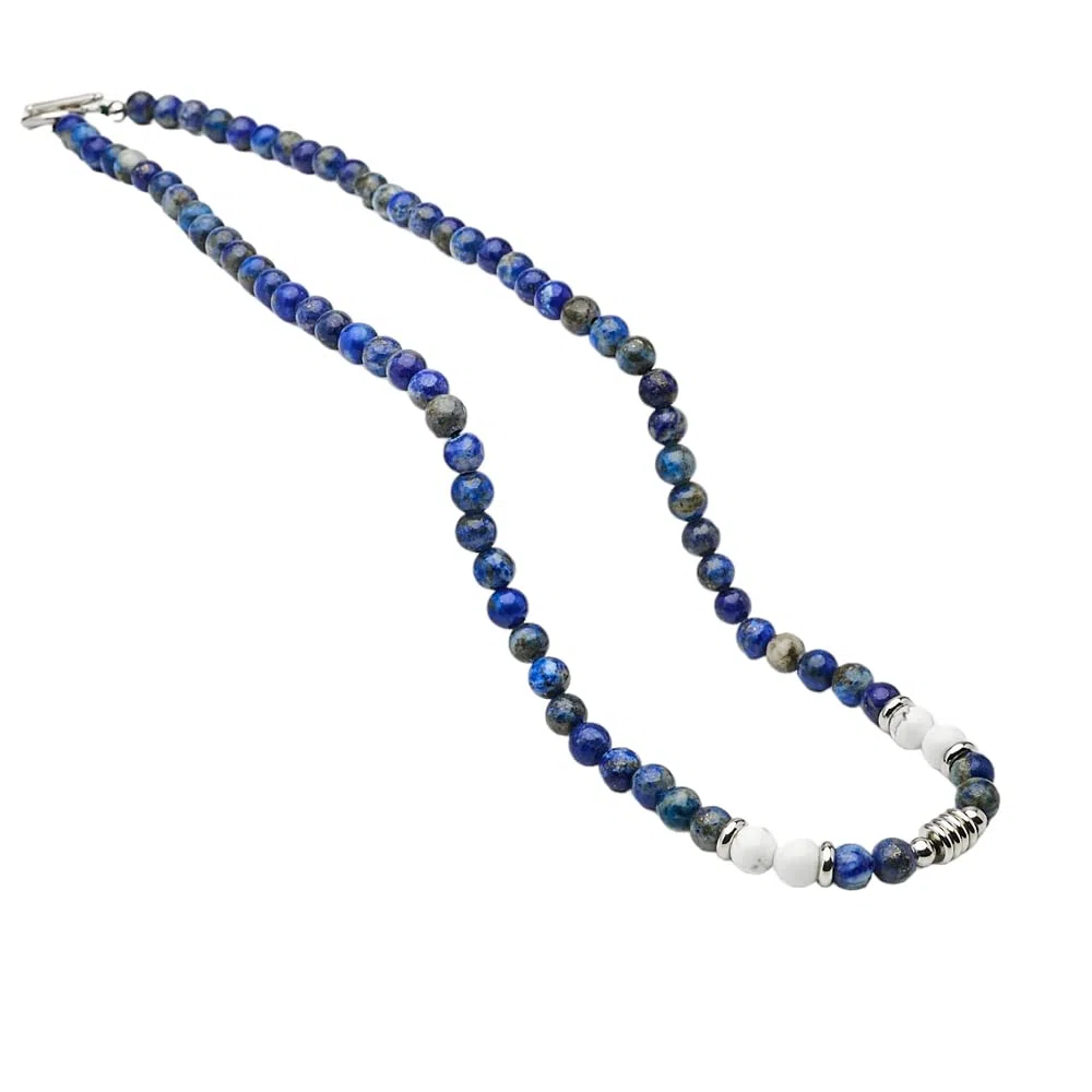 Collar de Cuentas para Hombre | Collar de Cristal Curativo de Piedras preciosas Naturales para Hombres hecho a Mano Para Hombres (Azul Lapislázuli/Blanco Turquesa)