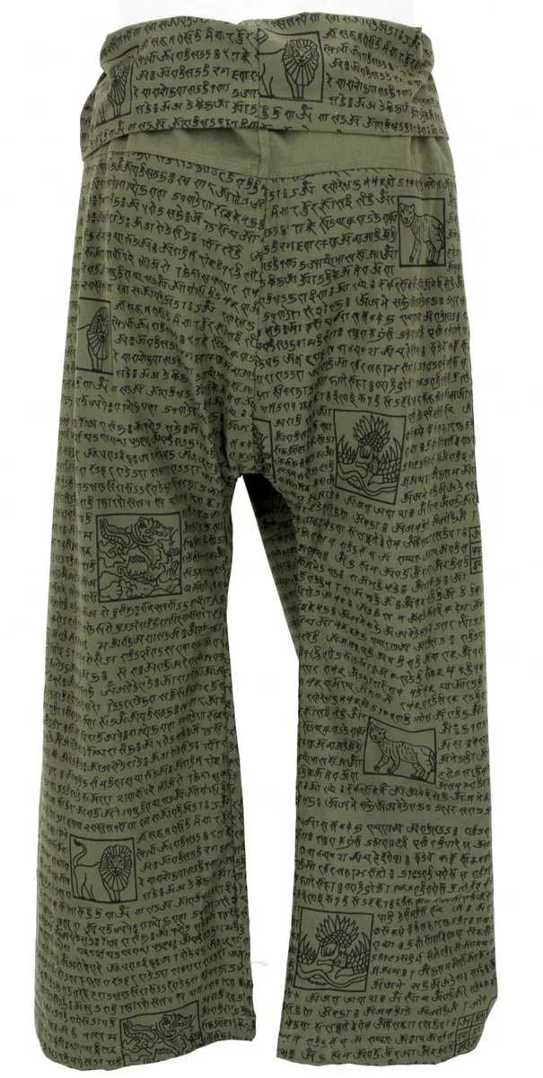 GURU SHOP Pantalones de pescador tailandeses con estampado de mantra de algodón tejido, pantalones de yoga, para hombre/mujer, verde, talla: talla única