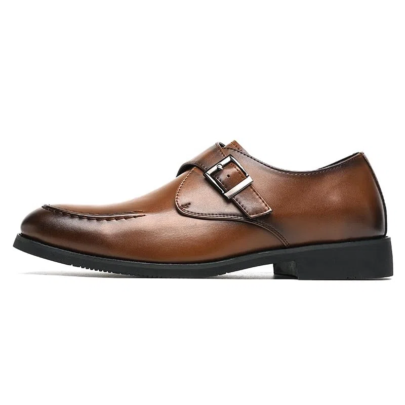 Zapatos de vestir para hombre, punta redonda bruñida, piel sintética, correa de monje, puntera baja, suela de goma antideslizante, tacón de bloque, trabajo antideslizante